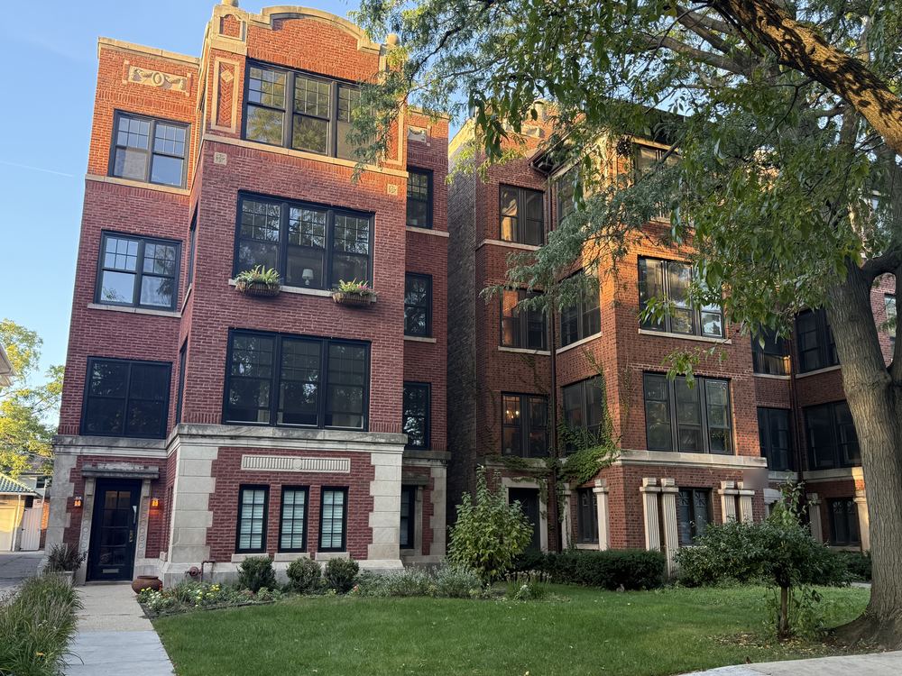 Vintage red brick condo buildings with limestone trim and large windows on a tree-lined Rogers Park street